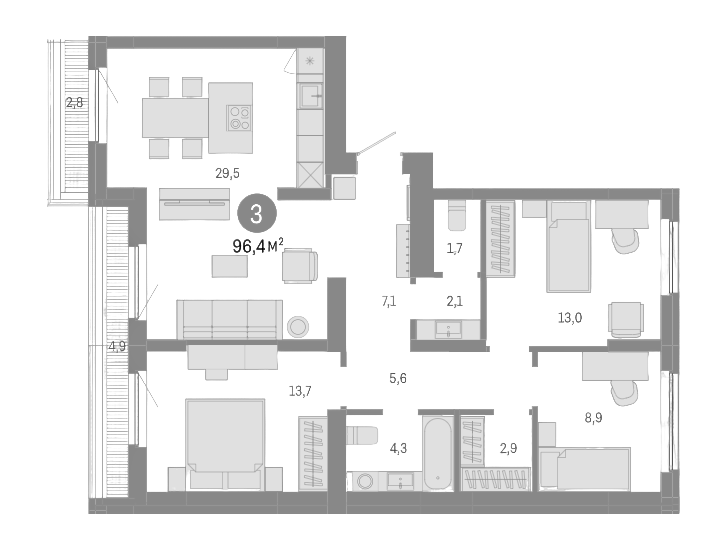 Планировка 4е-к. квартира 88.70 м² в ЖК «Пшеница»