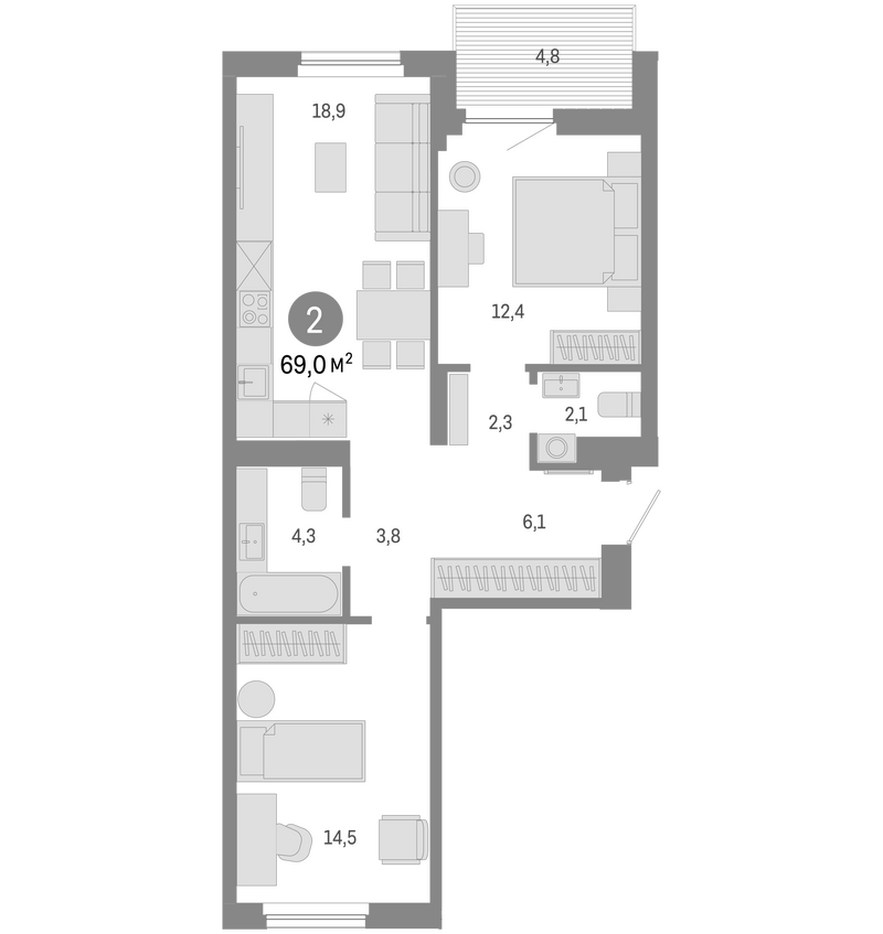 Планировка 3е-к.кв 64.20 м² в ЖК «Пшеница»