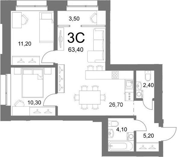 Планировка 3е-к.кв 61.70 м² в ЖК «LEMONT»