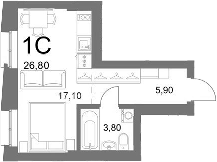 Планировка студии 26.80 м² в ЖК «LEMONT»
