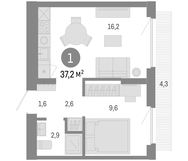 Планировка 2е-к. квартира 32.90 м² в ЖК «Пшеница»