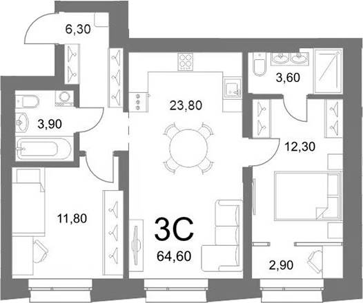 Планировка 3е-к.кв 63.10 м² в ЖК «LEMONT»