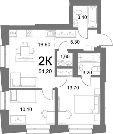 Планировка 2-к.кв 54.20 м² в ЖК «LEMONT»