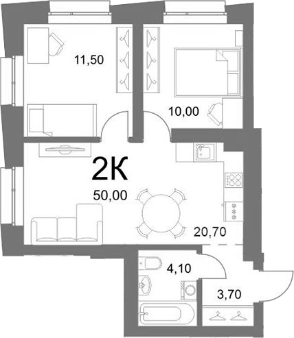 Планировка 2-к.кв 50.00 м² в ЖК «LEMONT»