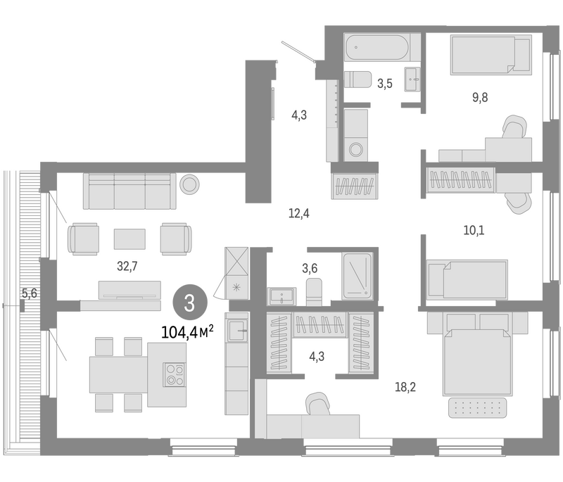 Планировка 4е-к.кв 98.80 м² в ЖК «Пшеница»
