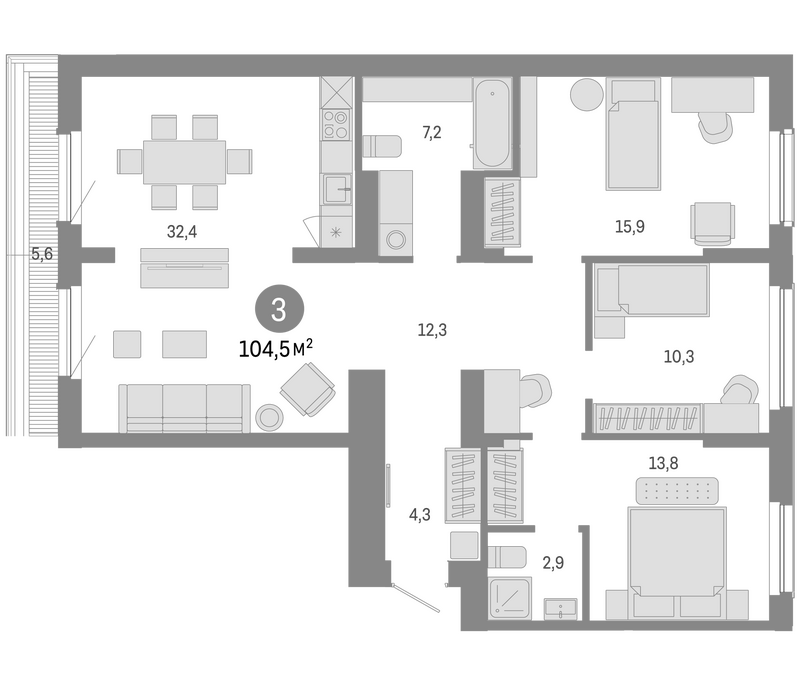 Планировка 4е-к.кв 98.90 м² в ЖК «Пшеница»