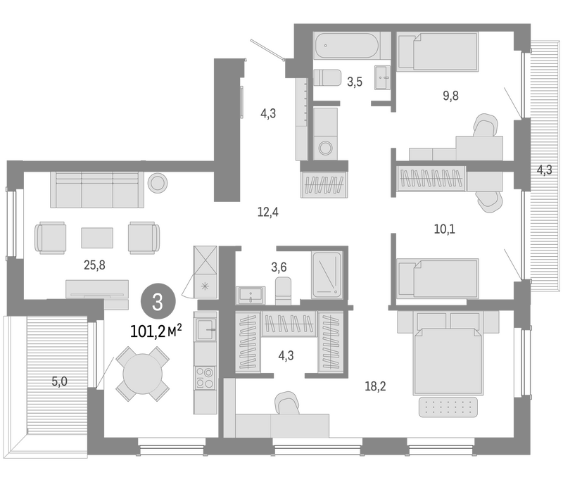 Планировка 4е-к.кв 91.90 м² в ЖК «Пшеница»