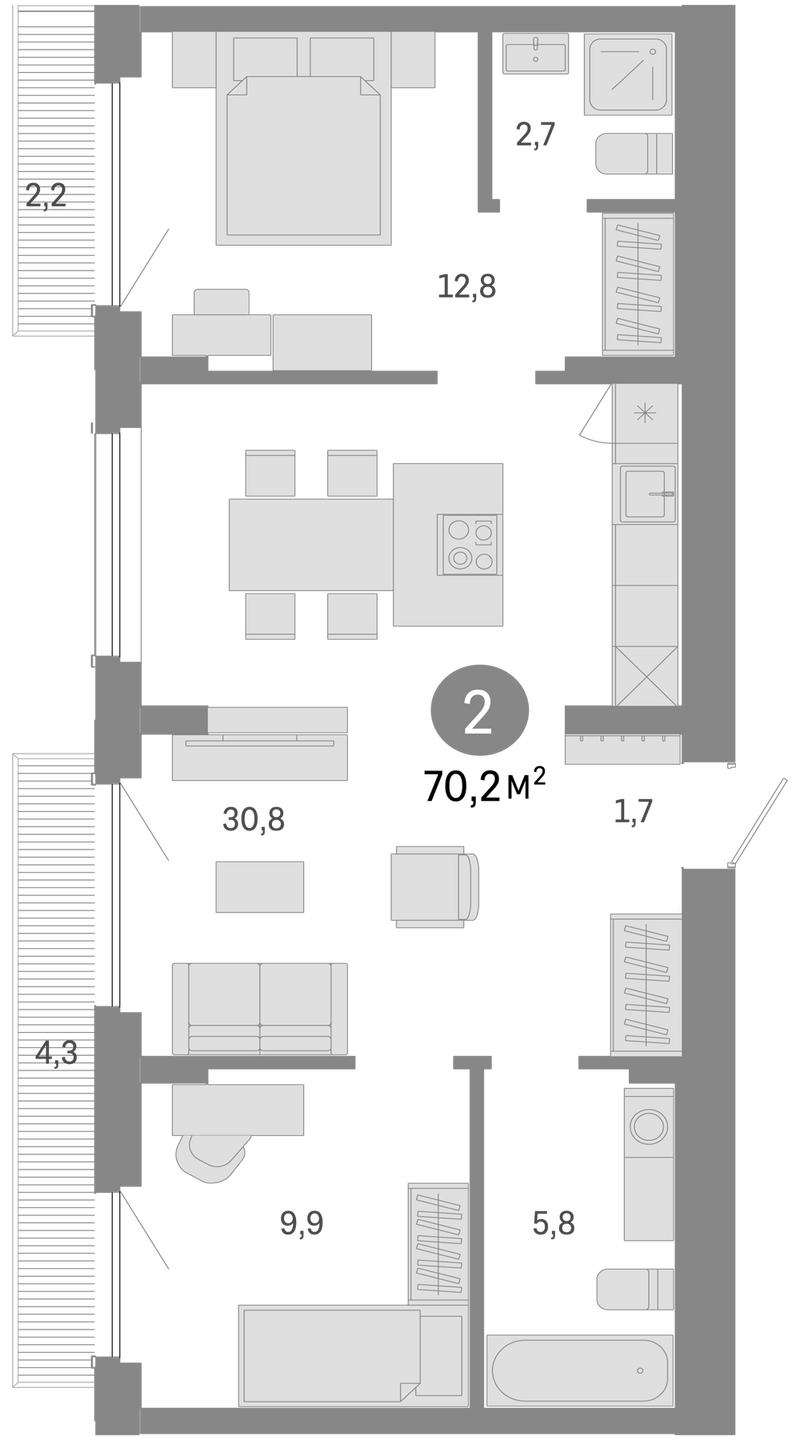 Планировка 3е-к. квартира 63.70 м² в ЖК «Пшеница»