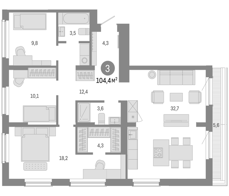 Планировка 4е-к.кв 98.80 м² в ЖК «Пшеница»