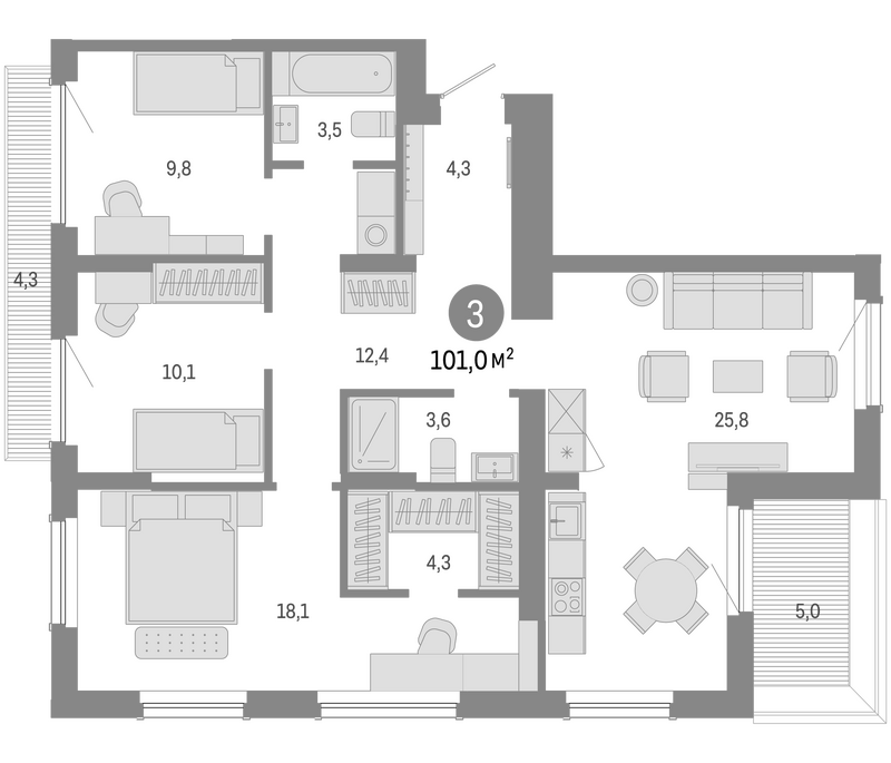 Планировка 4е-к.кв 91.70 м² в ЖК «Пшеница»
