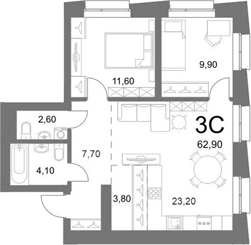 Планировка 3е-к.кв 62.90 м² в ЖК «LEMONT»
