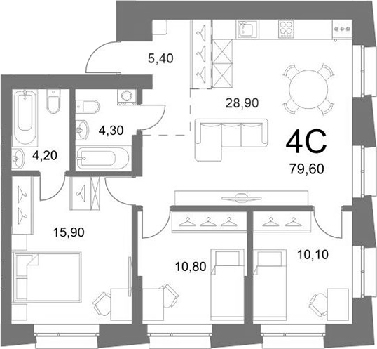 Планировка 4е-к.кв 79.60 м² в ЖК «LEMONT»