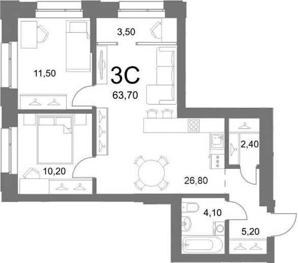 Планировка 3е-к.кв 62.00 м² в ЖК «LEMONT»
