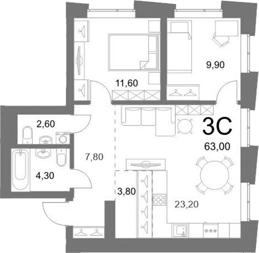 Планировка 3е-к.кв 63.00 м² в ЖК «LEMONT»