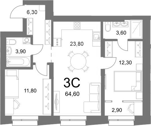 Планировка 3е-к.кв 63.10 м² в ЖК «LEMONT»