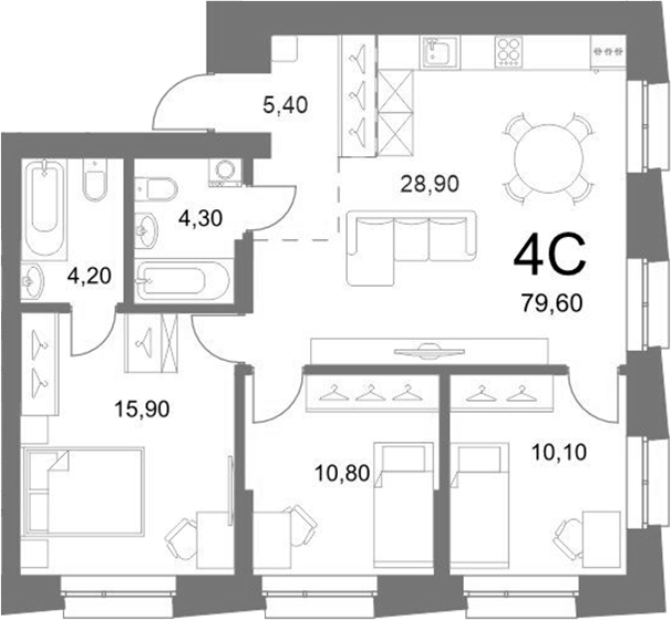 Планировка 4е-к.кв 79.60 м² в ЖК «LEMONT»