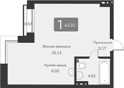 Планировка своб. план. 42.22 м² в ЖК «Марсель-2»