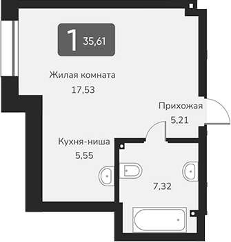 Планировка своб. план. 35.61 м² в ЖК «Марсель-2»
