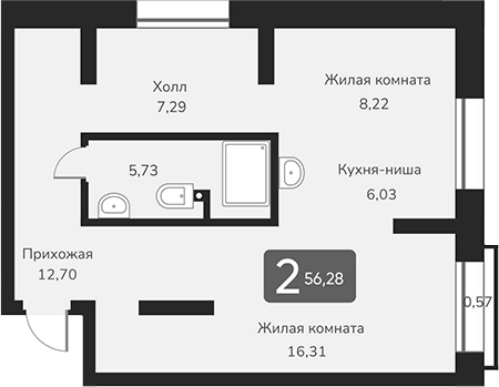 Планировка своб. план. 56.28 м² в ЖК «Марсель-2»
