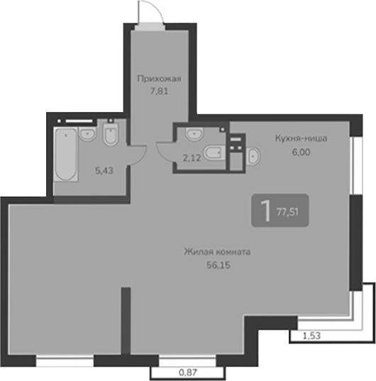Планировка своб. план. 77.51 м² в ЖК «Марсель-2»
