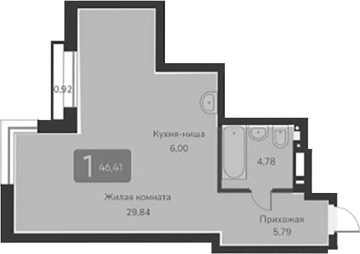 Планировка своб. план. 46.41 м² в ЖК «Марсель-2»