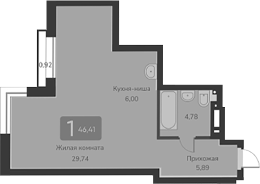 Планировка своб. план. 46.41 м² в ЖК «Марсель-2»