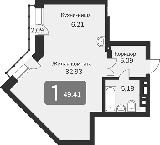 Планировка своб. план. 49.41 м² в ЖК «Марсель-2»