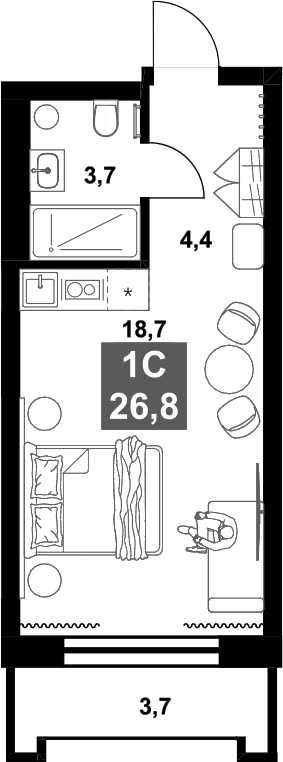 Планировка студии 26.80 м² в ЖК «Инские Холмы»