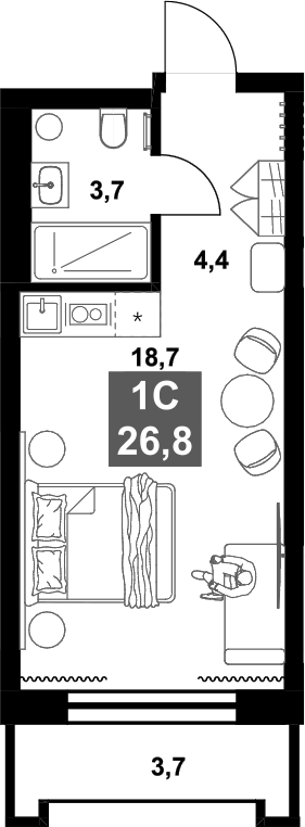 Планировка студии 26.80 м² в ЖК «Инские Холмы»