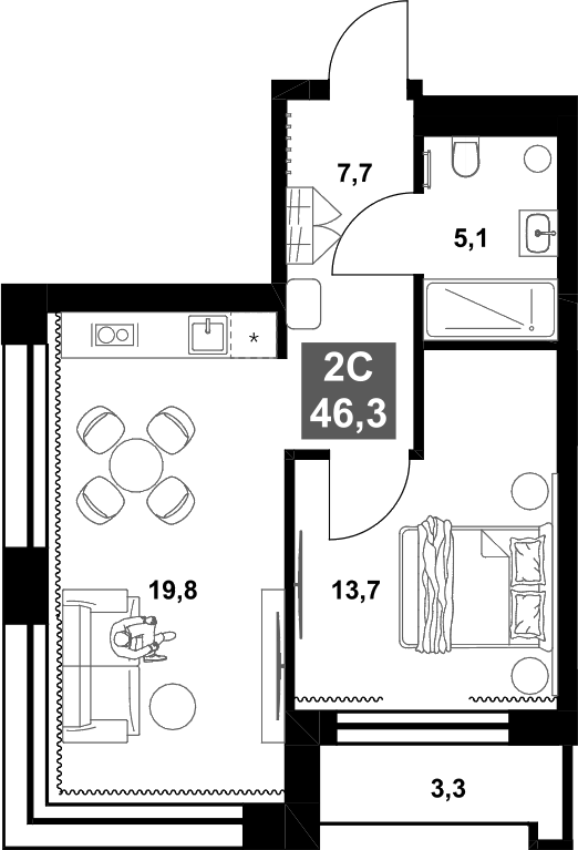 Планировка 2е-к.кв 46.30 м² в ЖК «Инские Холмы»