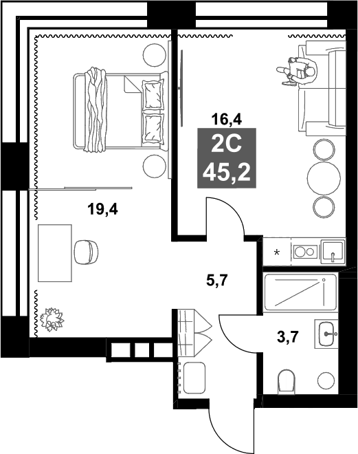 Планировка 2е-к.кв 45.20 м² в ЖК «Инские Холмы»