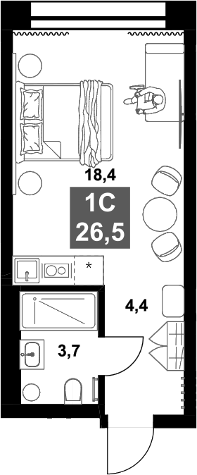 Планировка студии 26.50 м² в ЖК «Инские Холмы»