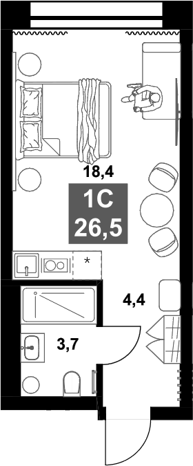 Планировка студии 26.50 м² в ЖК «Инские Холмы»