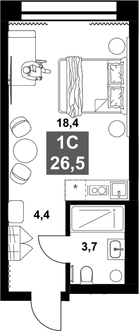 Планировка студия 26.50 м² в ЖК «Инские Холмы»