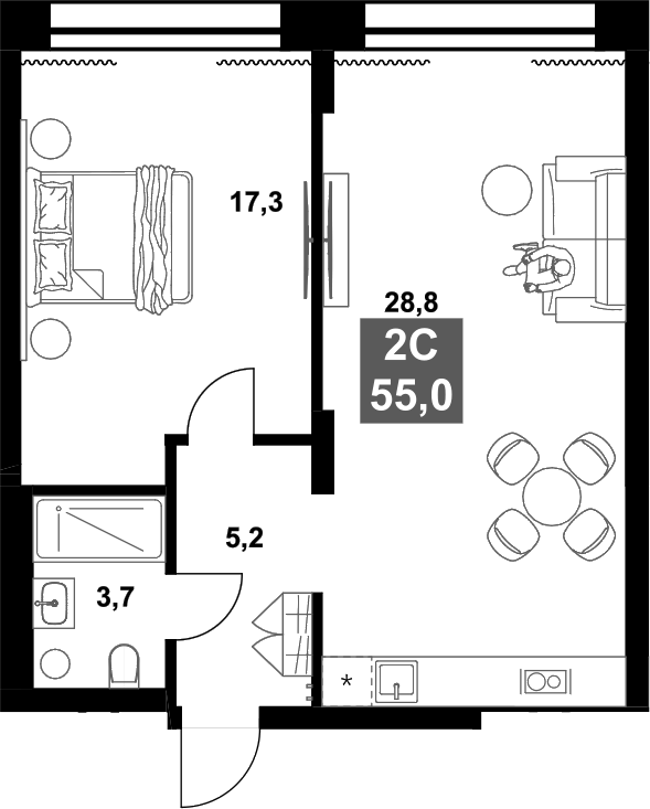 Планировка 2е-к. квартира 55.00 м² в ЖК «Инские Холмы»