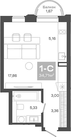 Планировка студии 34.84 м² в ЖК «Пульсар»