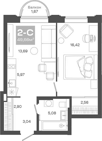 Планировка 2е-к.кв 49.31 м² в ЖК «Пульсар»