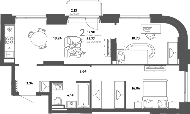 Планировка 2-к.кв 55.77 м² в ЖК «Страна. Тополевая»