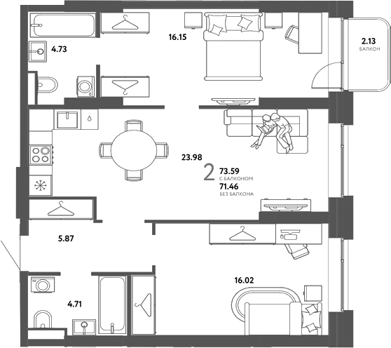 Планировка 2-к.кв 71.46 м² в ЖК «Страна. Тополевая»