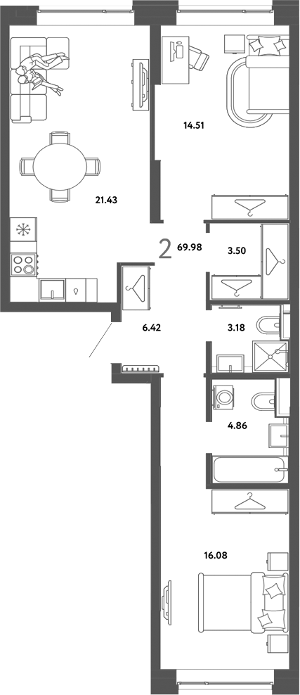 Планировка 2-к.кв 69.98 м² в ЖК «Страна. Тополевая»