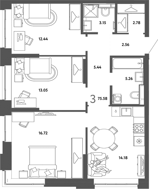 Планировка 3-к.кв 75.58 м² в ЖК «Страна. Тополевая»