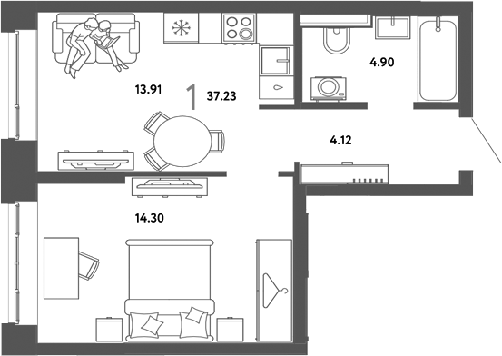 Планировка 1-к.кв 37.23 м² в ЖК «Страна. Тополевая»