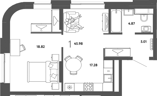 Планировка 1-к.кв 45.98 м² в ЖК «Страна. Тополевая»