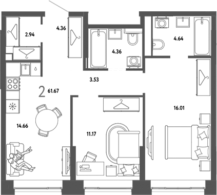 Планировка 2-к.кв 61.67 м² в ЖК «Страна. Тополевая»