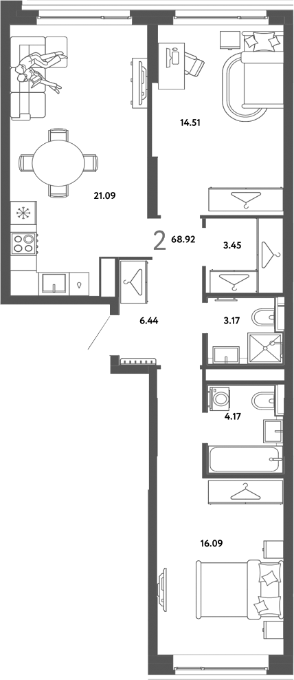 Планировка 2-к.кв 68.92 м² в ЖК «Страна. Тополевая»