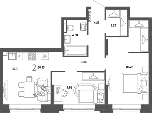 Планировка 2-к.кв 60.55 м² в ЖК «Страна. Тополевая»