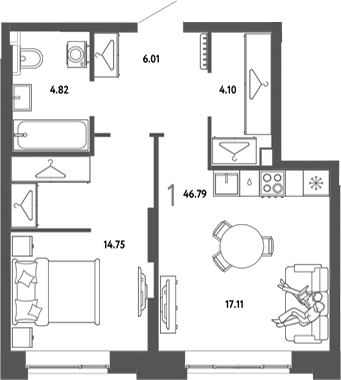 Планировка 1-к.кв 46.79 м² в ЖК «Страна. Тополевая»