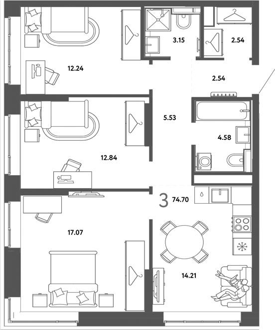 Планировка 3-к.кв 74.70 м² в ЖК «Страна. Тополевая»