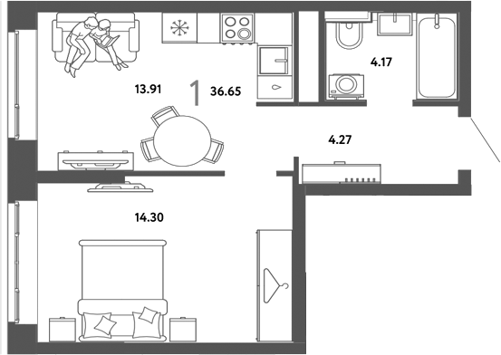 Планировка 1-к.кв 36.65 м² в ЖК «Страна. Тополевая»