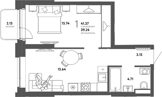 Планировка 1-к.кв 41.37 м² в ЖК «Страна. Тополевая»